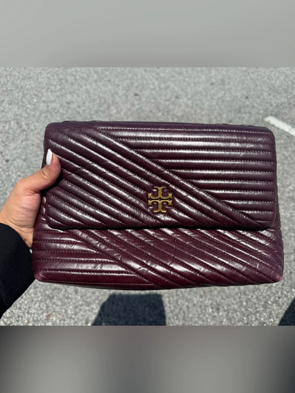 Tory Burch Quilted Chevron Convertible Clutch in Deep Burgundy with Gold Logo